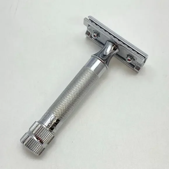 Vintage MERKUR Germany Chrome Double Edge Twist Handle Razor + Gillette Blades